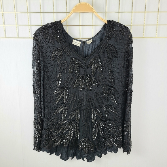 Judith Ann Creations Silk Black Beads Sequins 80s Vintage Disco Top - Picture 1 of 11